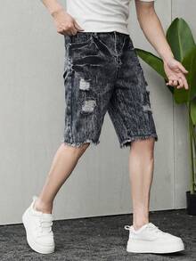 Teenage Boys' Casual Campus Fashion Straight Leg Denim Shorts, Versatile Streetwear - Navy Blue - View 3