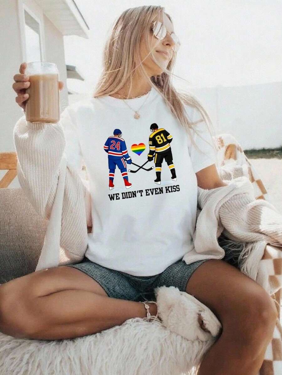 1PC Women's Plus Size Valentines Shirt We Didn't Even Kiss Shirt , Couple Heated Rivalry Tshirt, Hockey Romance Book Tshirt, Hot Book Movie Fan Gifts - Trắng1 - Xem 1