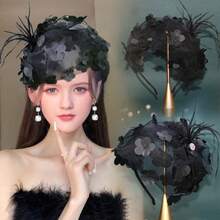 Beautiful Fashion Ladies Headband With Mesh, Gauze Flowers And Feathers - Half Hat Headband, New And Elegant Headband, Luxury Hair Accessories, Perfect Birthday Gift - 黑色 - 查看 1