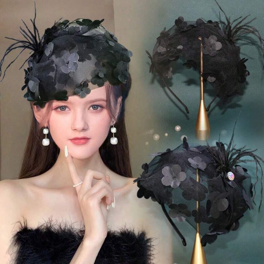 Beautiful Fashion Ladies Headband With Mesh, Gauze Flowers And Feathers - Half Hat Headband, New And Elegant Headband, Luxury Hair Accessories, Perfect Birthday Gift - 黑色 - 查看 1