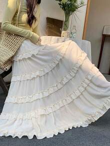 甜美雪纺荷叶边半身裙，高腰A字长裙，修身显瘦，2026春夏款 - 杏色 - 查看 2