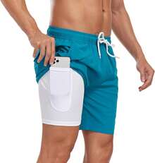 Mens Swim Trunks With Compression Liner Inch Inseam Quick Dry 2 In 1 Beach Board Shorts With Pockets S-3XLA Valentine's Day 9FML - A Peacock Blue - View 6