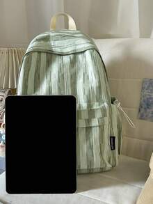 Mint Green Textured Striped Backpack, Oversized Capacity Casual Commuter Backpack, Versatile Student Bookbag - Green - View 8