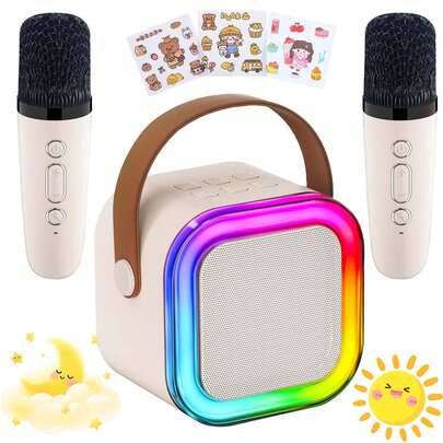 家庭卡拉OK机，双功能迷你蓝牙音箱，带麦克风和LED灯，适合儿童和成人，2026年热门生日和圣诞节娱乐玩具，适合3-12岁以上男孩和女孩