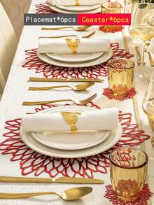 12pcs Gold Flower 15-Inch Round Placemats, PVC, 3.94-Inch Round Hollow Flower Coasters, Washable, Easy Clean, Wipe-Clean, Non-Slip, Heat-Resistant, Suitable For Room Decor, Dining Table Decor, Home Decor, Holidays, Parties, Birthdays, Weddings And Dinners - Multicolor - View 22