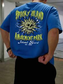 Spooky Island Amusement Park Skull Print T - Shirt,Comfortable Casual Short Sleeve, 220 Grams Heavyweight 100 Percent Cotton Graphic T Shirts,Men's Gifts,Funny T-Shirt,,Valentine's Day - 藍色 - 查看 1