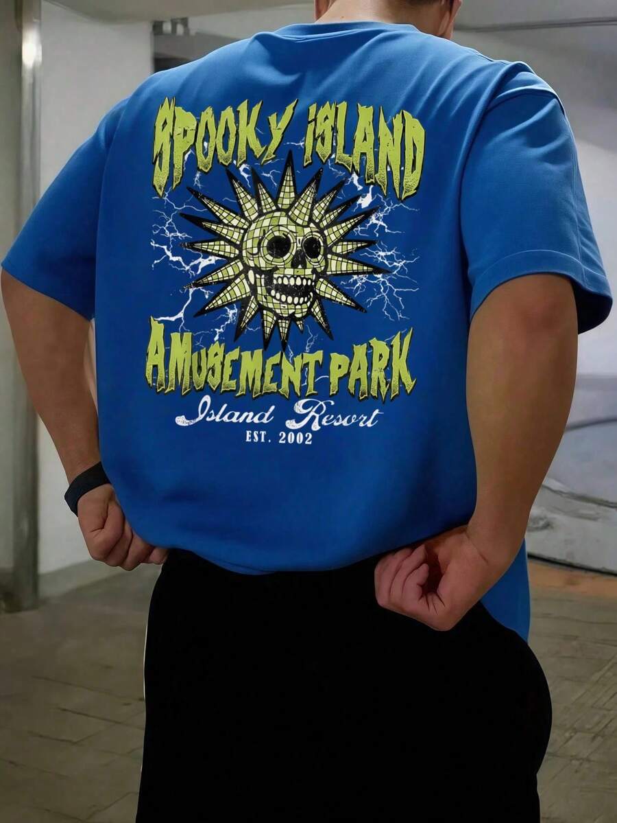 Spooky Island Amusement Park Skull Print T - Shirt,Comfortable Casual Short Sleeve, 220 Grams Heavyweight 100 Percent Cotton Graphic T Shirts,Men's Gifts,Funny T-Shirt,,Valentine's Day - 藍色 - 查看 1