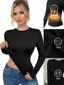 1 件秋冬保暖内衬圆领长袖女式修身休闲运动瑜伽分层上衣 - 黑色 - 查看 1