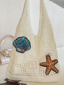 Fashionable Women's Woven Tote Bag, Coin, Shell & Starfish Patch, Large Capacity Foldable Portable Bag, Summer Beach Tote - Multicolor - View 6