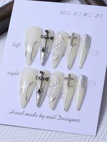10片/套 手工长尖甲片，Y2K白色风格，3D手工十字镶嵌，手绘银线和珍珠设计，用于美甲装饰。包含1套果冻胶和1套指甲锉。非常适合日常使用，也适合科切拉音乐节等场合的造型，可作为美甲贴片和美甲护理产品。美甲用品 - 白色 - 查看 1