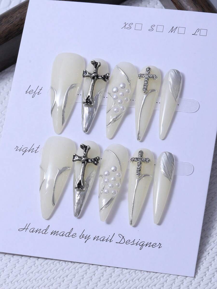 10片/套 手工长尖甲片，Y2K白色风格，3D手工十字镶嵌，手绘银线和珍珠设计，用于美甲装饰。包含1套果冻胶和1套指甲锉。非常适合日常使用，也适合科切拉音乐节等场合的造型，可作为美甲贴片和美甲护理产品。美甲用品 - 白色 - 查看 1