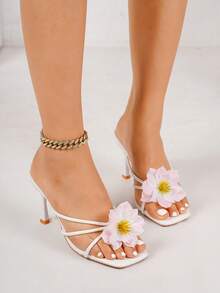 planare 女士时尚休闲度假优雅方头条纹3D花朵PU套脚舒适轻便夏季日常约会派对沙滩泳池凉鞋，白色高跟鞋 - 白色 - 查看 2