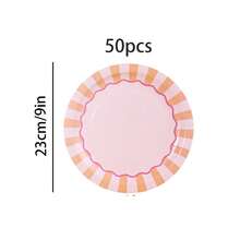 10pcs/20pcs/40pcs/50pcs,Summer Pink Striped West Coast 9-Inch And 7-Inch Paper Plates | Bachelor Party Decorations, Say Goodbye Bachelor Party, Birthday Party Supplies, Newborn Party, Striped Cake Plates,Pastel Pink & Peach Disposable Paper Plates Set - Scalloped Edge With Striped & Star Accents For Girls Birthday, Baby Shower, Tea Party & Brunch Tableware - 彩色 - 查看 9