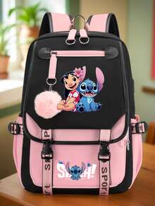 Stitch Student Backpack, Classic Cartoon Print Backpack - Cute Blue And Pink Zipper Closure, Laptop Compartment, Durable Polyester Material, Lightweight And Fashionable, Suitable For Commuting And Back To School Essentials, Padded Shoulder Straps With Safety Zipper Closure, Travel Daypack, Interesting Design, Sturdy Construction - Multicolor - View 5