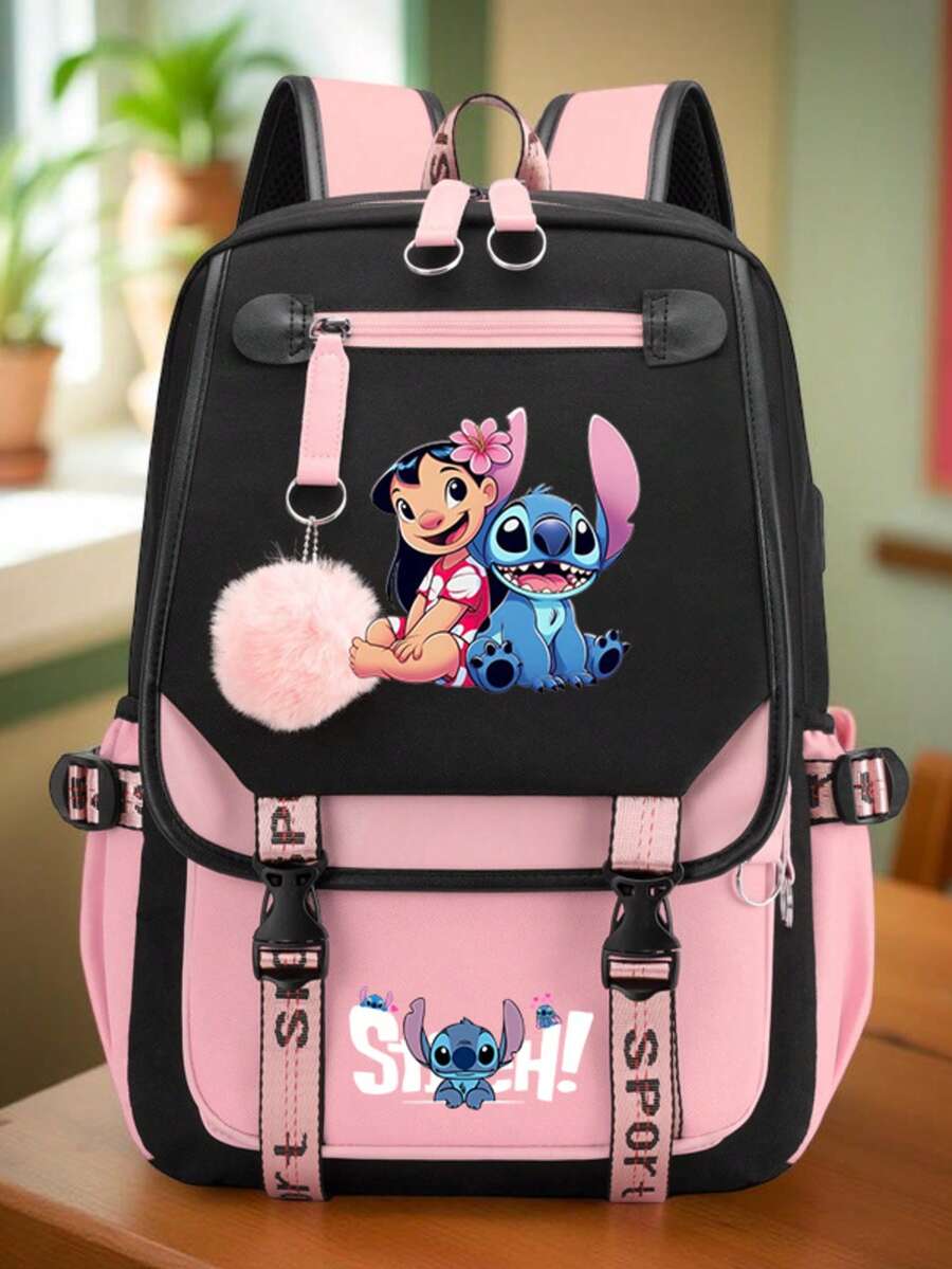 Mochila escolar de Stitch, mochila con estampado de dibujos animados clásicos - Cierre con cremallera azul y rosa lindo, compartimento para portátil, material de poliéster duradero, ligero y de moda, adecuado para ir y venir y artículos esenciales de vuelta a la escuela, correas de hombro acolchadas con cierre de cremallera de , mochila de día de viaje, diseño interesante, construcción resistente - Multicolor - Ver 1