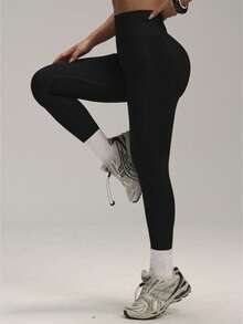 Pantalones de yoga de cintura alta suaves y elásticos con control de abdomen, aptos para fitness, correr, ejercicio y uso diario - Negro - Ver 4