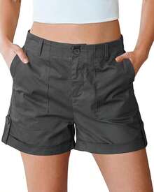 Shorts Women High Waisted Dressy Casual Summer Elastic Waist Comfy Rolled Hem Stretch Twill Pocket ShortsA Valentine's Day GQEL - 灰色的 - 查看 7