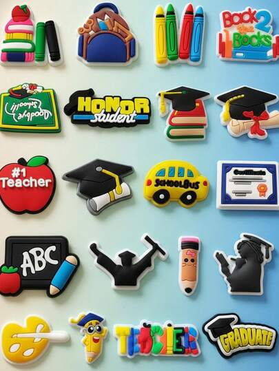 20 piezas Decoraciones colgantes con tema de graduación universitaria, adornos multicolor de estilo académico para sandalias y zuecos de PVC