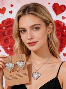 2pcs Fashionable 18K Gold Stainless Steel Hollow Heart & Tree Of Life Locket Pendant Necklace, Suitable For Valentine's Day Gift, Women's Daily Wear - Multicolor - View 1