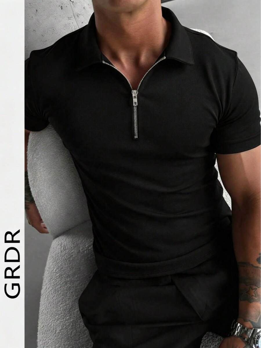 GRDR Men's Summer Half Zip Polo Collar Short Sleeve T-Shirt, Solid Color Classic Short Sleeve Suitable For Outdoor Casual Wear - Black - View 1