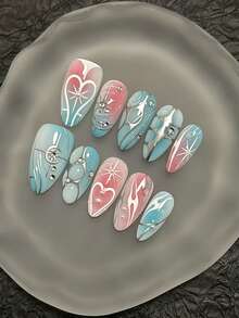 Ten Pink Heart-Shaped Handmade Nail Art, Elegant Style, Handmade False Nails, Luxurious And High-End Style, Medium Almond-Shaped Press-On False Nails, Spring False Nails, Reusable False Nails, A Gift For Women, Nail Art, Suitable For Girls Or Ladies To Wear To Parties Or Everyday Wear. Nail Supplies Handmade Press On Nails - Multicolor - View 10