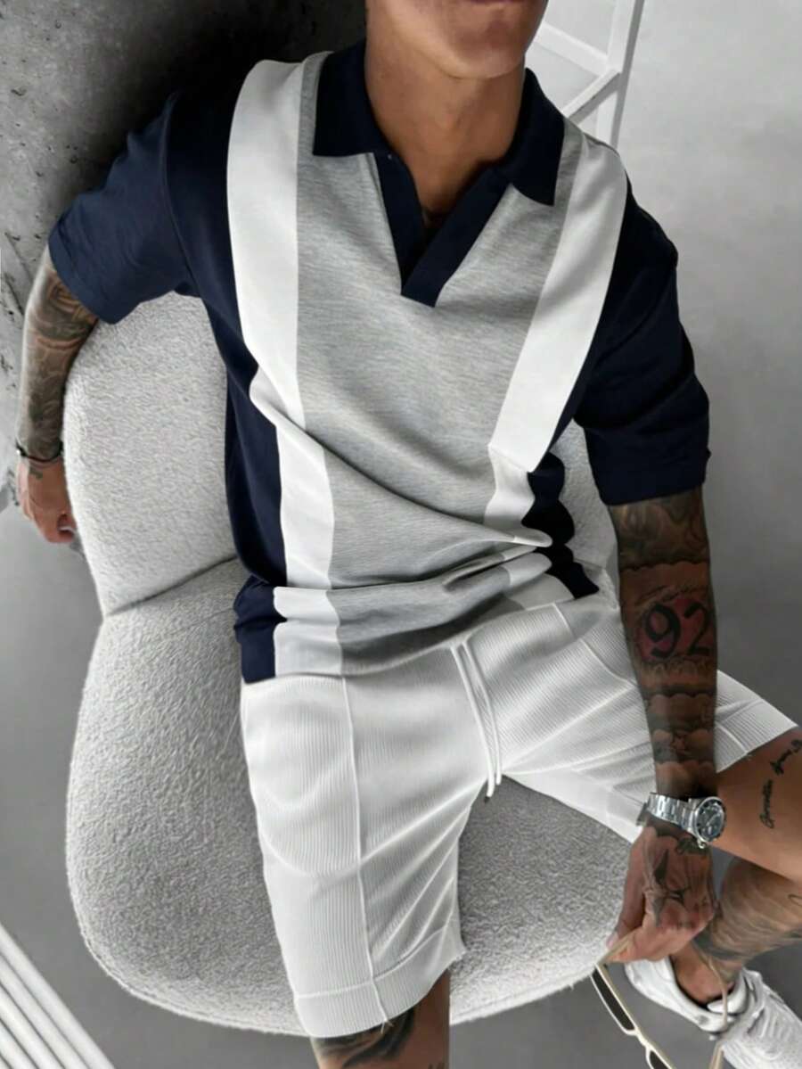 Zrgoth Camisa polo de uso casual de hombre con bloques de color, primavera/verano - Azul Marino - Ver 1
