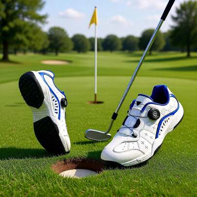 Men's Golf Sports Shoes-Low-Top Breathable Sports Shoes With Cushioning Arch Support, Durable Rubber Soles And All-Season Traction-White Blue/White Gold/Black Accent Casual Sportswear, All-Terrain Comfortable Walking Shoes For Golf, Walking, And Casual Wear, Sports Design, Lightweight Structure, Wear-Resistant Outsole, Golf Shoes Men's Wide Fit, Golf Shoes Men, Golf Shoes Men, Men's Shoes/Sports Shoes/Sports Shoes/Tennis Shoes