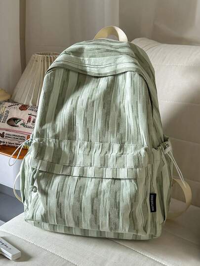 Mint Green Textured Striped Backpack, Oversized Capacity Casual Commuter Backpack, Versatile Student Bookbag