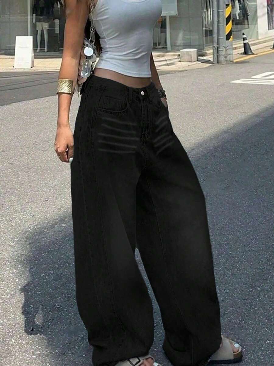 Casual American Street Style Minimalist Daily Commute Versatile Women Jeans, Oversized Boyfriend Style Women's Pocketed Wide Leg Relaxed Casual Jeans, Women Curve Jeans For Women, Valentine/Christmas/New Years Outfit, Holiday Gift - 黑色 - 查看 1