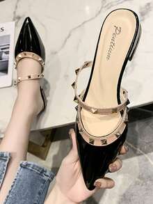 Queen Aura Style, Glossy Rivet Pointed Toe High Heel Sandals, Slimming Chunky Heel Outdoor Slippers, Perfect For Skirts And Jeans - Black - View 2