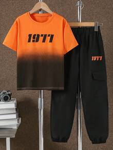 2pcs/Set Boys' Casual 1977 Gradient Print Short Sleeve T-Shirt And Cargo Pants Outfit, Spring/Summer - Burnt Orange - View 3