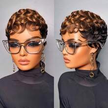 Pixie Cut Wig Wig For Women Human Hair Curly Wave Short Wig Human Hair For Black Women Black Pixie Wig For Women None Lace Front Full Machine Made Black With Brown, Black With Burgundy Colored Short Wigs For Black Women Layered Pixie Haircut Wigs With Bangs Human Hair - 彩色 - 查看 3