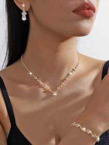 4pcs Elegant Claw Chain Necklace, Zirconia Earrings, Bracelet Multi-Piece Set, Choker Necklace, Formal Dress Accessories - Vàng - Xem 2