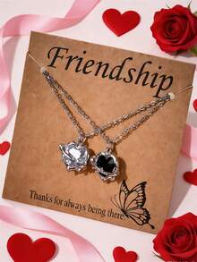 两件套时尚心形金属镶嵌水晶锆石钻石吊坠项链套装，男女皆宜，情人节、送给爱人、朋友的礼物 - 彩色 - 查看 12