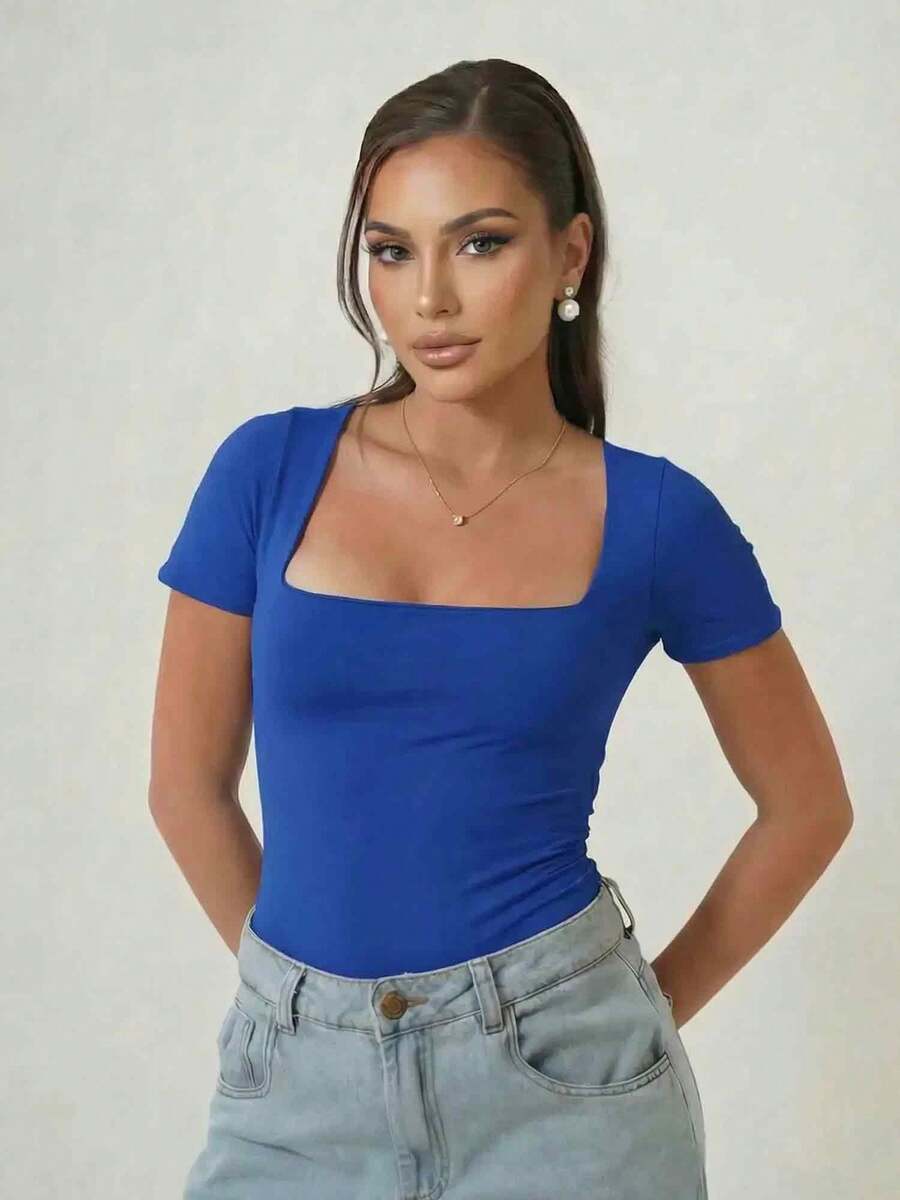 Women's Short-Sleeve Bodysuit With Square Neckline, Super Versatile, Shaping, Blogger Style - Xanh đậm - Xem 1