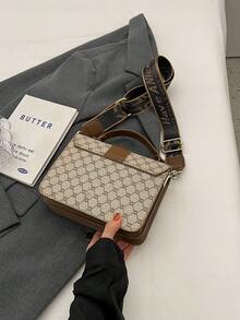 Retro Fashion Chic Niche One Shoulder Oblique Handbag, Wide Strap Floral Print Buckle High-Quality Women Small Square Bag - Grey - View 7