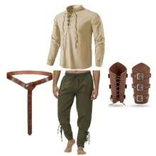 Renaissance Period Costume Set For Men; Pirate Shirt With Lace-Up Pants Set; Medieval Pirate Shirt With Lace-Up Pants