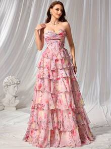 女士粉色印花无肩带晚礼服，层叠荷叶边蛋糕裙摆，复古优雅风格。适合宴会、生日派对、乡村婚礼、浪漫教堂仪式、约会、聚会、单身派对及其他场合，尤其适合春季假期。 - 彩色 - 查看 5