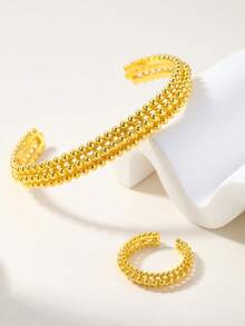 2件套复古18K镀金铜手镯和戒指套装，中东迪拜新娘首饰 - 金黃色 - 查看 13