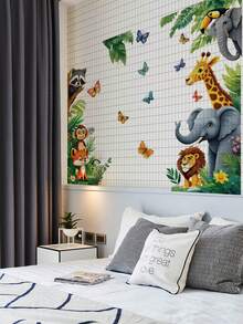 1pc Cartoon Cute Forest Animal Giraffe Elephant Butterfly Wall Sticker Decal For Kids Room Decor, Self-Adhesive - Multicolor - View 11