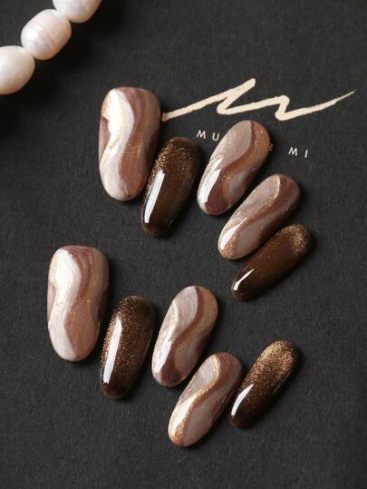 10pcs Press On Nails Short Acrylic Nail Kit Brown Nails Halation Cat's Eye Nails Press On Nail Supplies Fake Nails Office DailyWear False Nails Artificial Nails Kit Includes 1sheet Adhesive Tabs &1 Pc Mini File