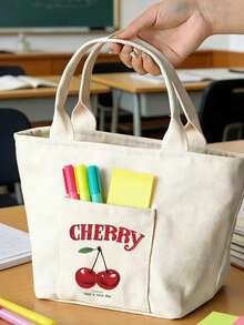 Cherry Print Canvas Tote Bag, Suitable For School, Office, Commute, Mommy Bag, Lunch Box Bag, Handbag