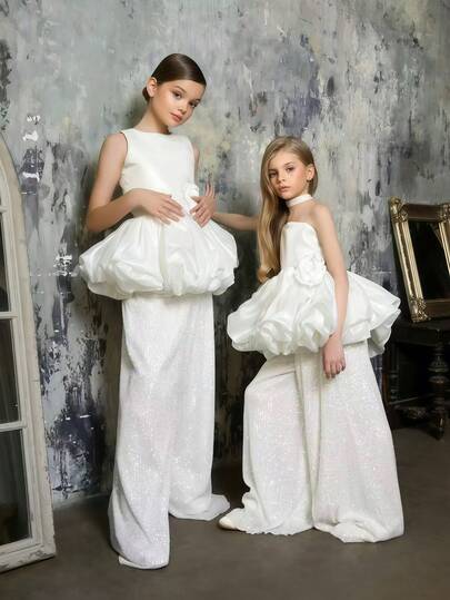 少女两件套无袖3D立体花朵薄纱派对礼服套装，适合女孩生日派对、婚礼、伴娘、节日庆典等场合。