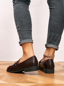 女士乐福鞋，圆头金属扣平底乐福鞋，户外复古平底一脚蹬鞋，女士休闲鞋 - 巧克力棕 - 查看 5