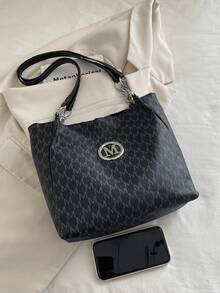 1pc Women's Fashion Commuter Letter Print Shoulder Bag, Portable Versatile Large Capacity Tote Bag, Suitable For Dates, Shopping, Gifts, Work - Black - View 10