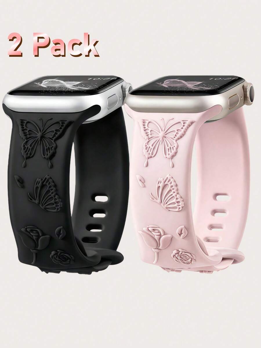 2条装花卉雕刻表带，兼容表带49mm、45mm、44mm、42mm、41mm、40mm、38mm，防水花朵蝴蝶运动硅胶腕带替换表带，兼容 Series 11、10、9、8、7、6、5、4、3、2、1、SE、Ultra，女士款