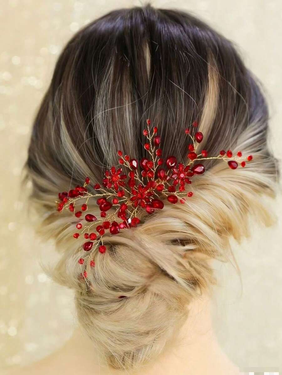 1pc Crystal & Rhinestone Decor Bridal/Bridesmaid Hair Comb, Elegant Hair Accessory For Wedding, Banquet, Party - Red - View 1