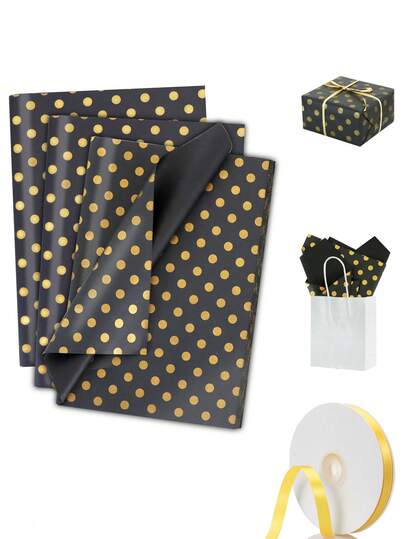 20/40pcs Black & Gold Polka Dot Wrapping Paper, Large Package With Ribbons, Polka Dot Pattern Gift Bags, Comes With Ribbons, Size Approx. 14 X 20 Inches, Suitable For Holiday Parties, Birthdays, Weddings, DIY Crafts, Ramadan Weddings, Floral Decorations And Various Gift Wrapping Occasions.