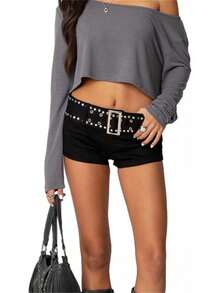 Women Low Waist Studs Fold Over Micro Short Punk Y2K Casual Bottoms Shorts Pj Yoga PajamasA Valentine's Day YBLO - 黑-d - 查看 6