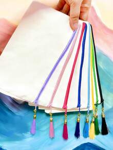 1/5/10/20pcs Elegant Portable Beige Canvas Jewelry Organizer Pouch With Colorful Tassel Decor (2 Styles, 10 Colors Available), Boho Style Tassel Makeup Bag, Reusable Canvas Zipper Pouch For Daily Use, Shopping, Travel, Gym - Beige - View 2
